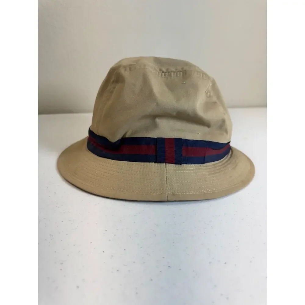 Vintage Stetson Khaki Cotton Fedora Hat Navy Burgundy Striped‎ M Grandpa Fishing